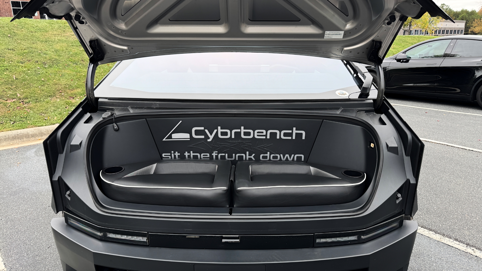 Cybrbench cushion in Cybertruck frunk